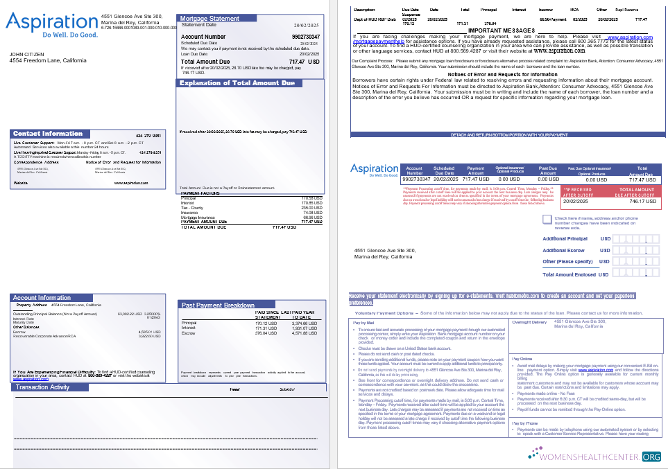 Download USA Aspiration bank mortgage statement in Word and PDF formats, 3 pages 1 2 Photoshop template